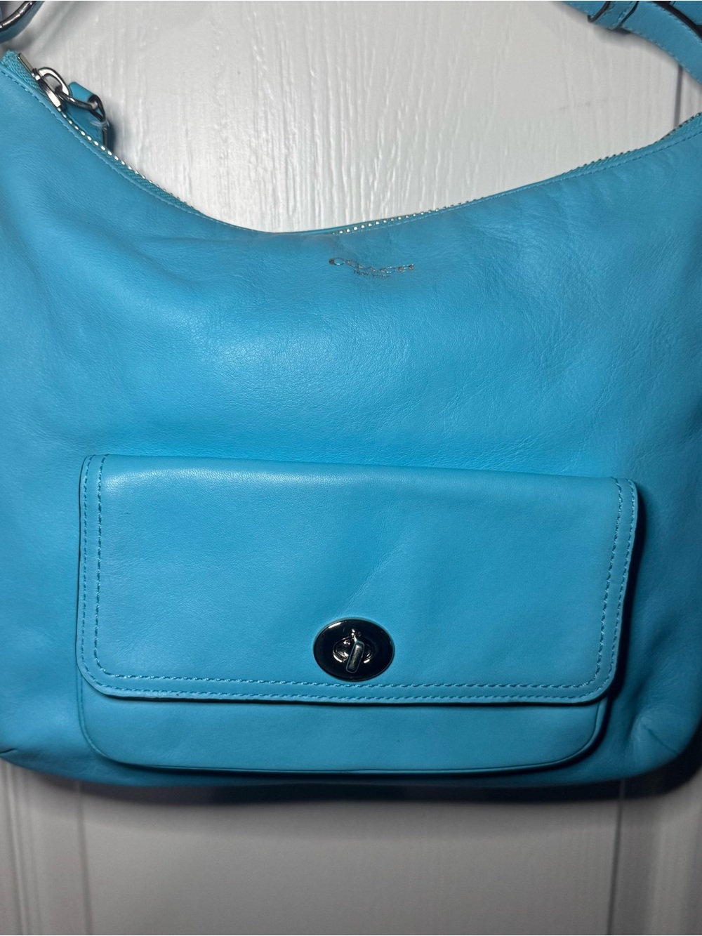 Coach Turquoise Pebbled Leather Shoulder Bag with Front Pocket/ and Wallet